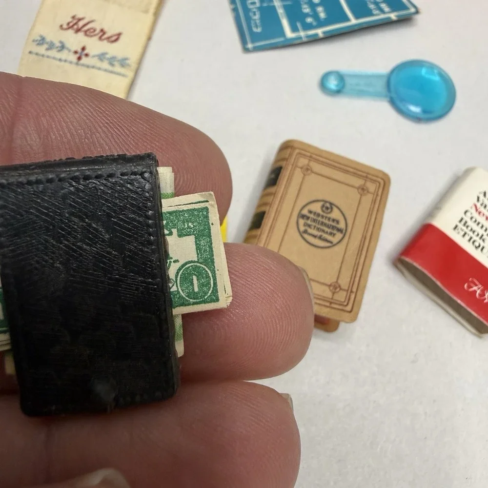 Vintage dollhouse lot miniature‎ kitchen food books his/her towels plates wallet